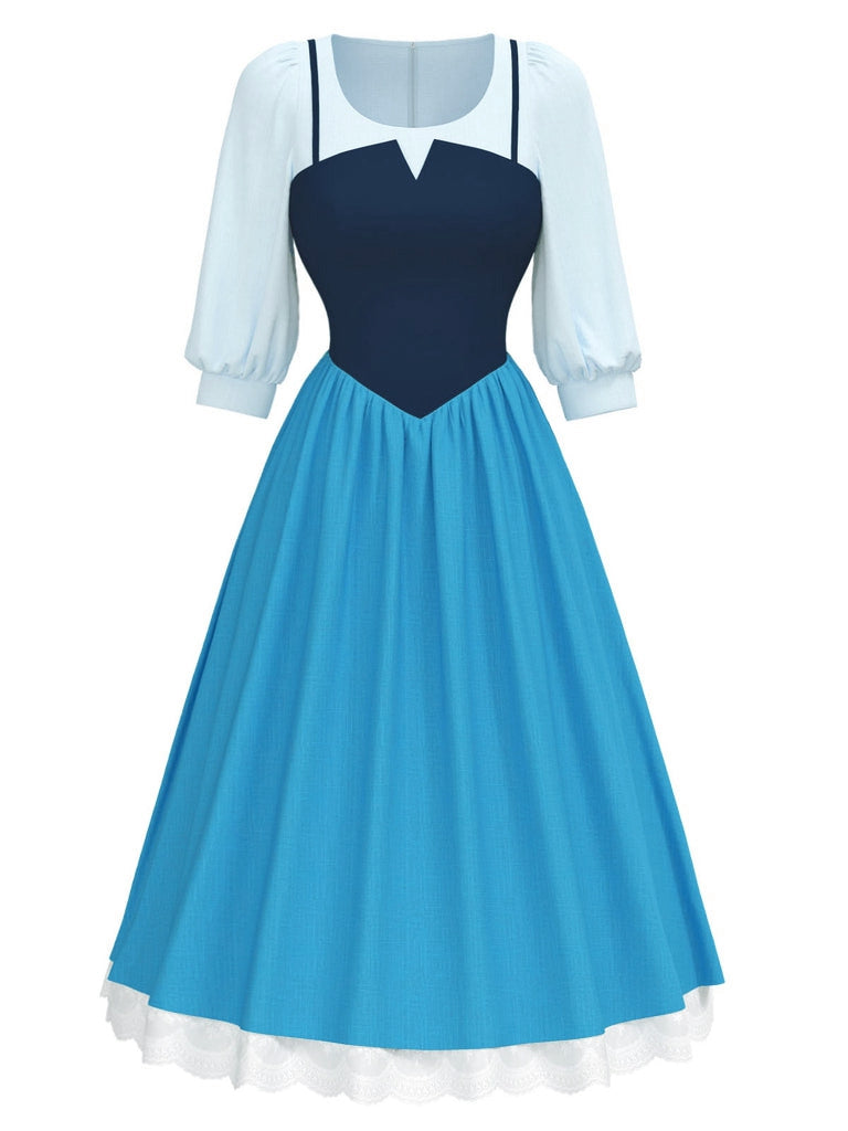 2PCS Blau 1940er Bluse & Farbblock Träger Kleid