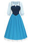 2PCS Blau 1940er Bluse & Farbblock Träger Kleid