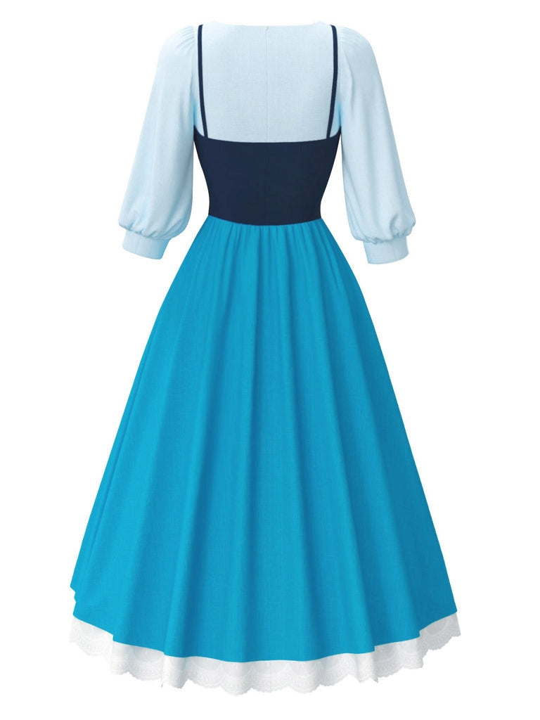 2PCS Blau 1940er Bluse & Farbblock Träger Kleid