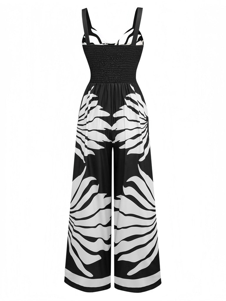 1930er Breite Träger Hohl Twist Gesmokt Blumen Jumpsuit