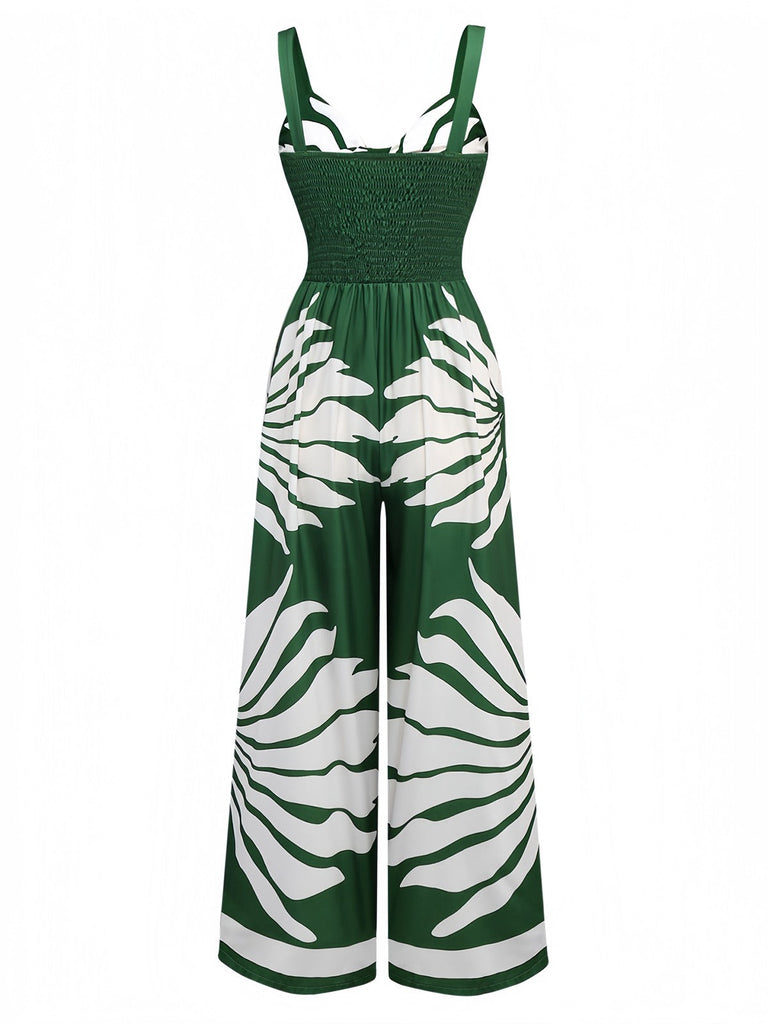 1930er Breite Träger Hohl Twist Gesmokt Blumen Jumpsuit