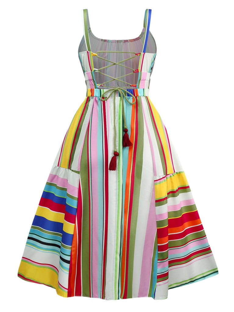Mehrfarbig 1950er Zurückbinden Barcode Streifen Kleid