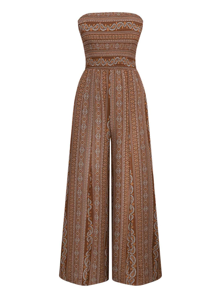 1970er Bohemien Trägerlos Schlitz Gesmokt Jumpsuit