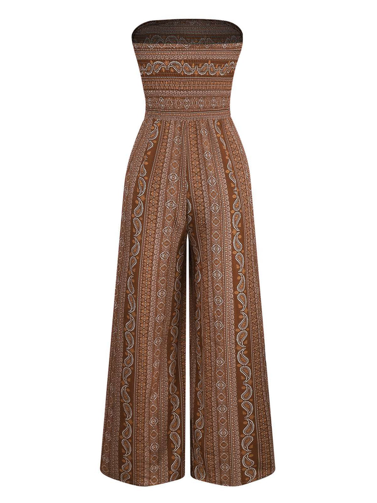 1970er Bohemien Trägerlos Schlitz Gesmokt Jumpsuit
