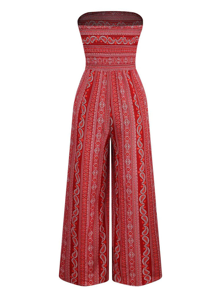 1970er Bohemien Trägerlos Schlitz Gesmokt Jumpsuit