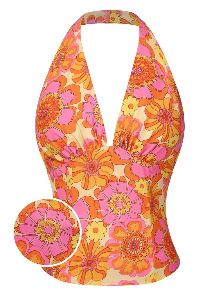Orange 1960er Hippie Blumen Halfter Top