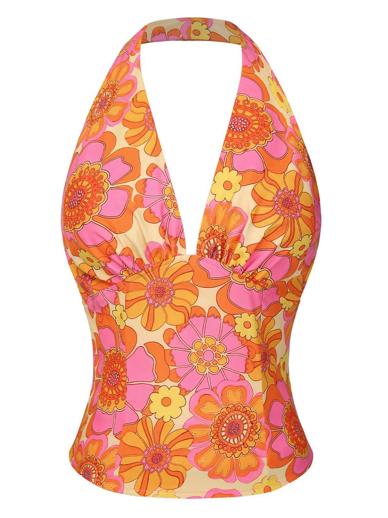 Orange 1960er Hippie Blumen Halfter Top
