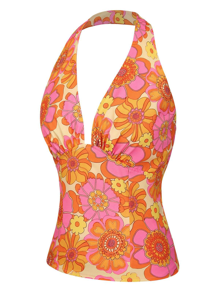 Orange 1960er Hippie Blumen Halfter Top