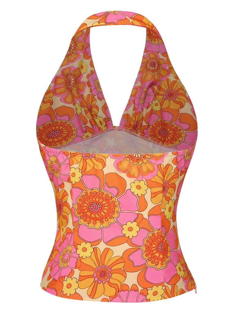 Orange 1960er Hippie Blumen Halfter Top