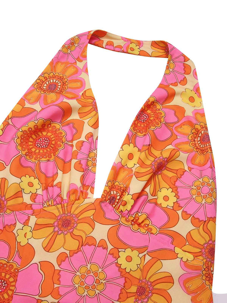 Orange 1960er Hippie Blumen Halfter Top