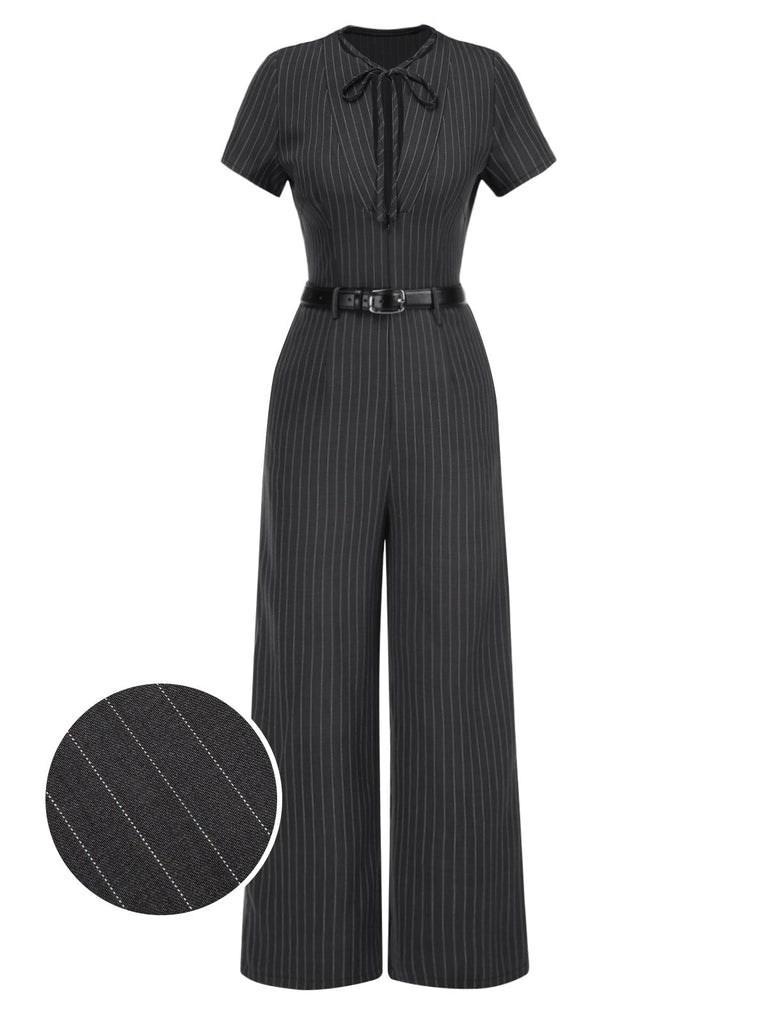 Dunkelgrau 1950er Streifen Gürtel Jumpsuit
