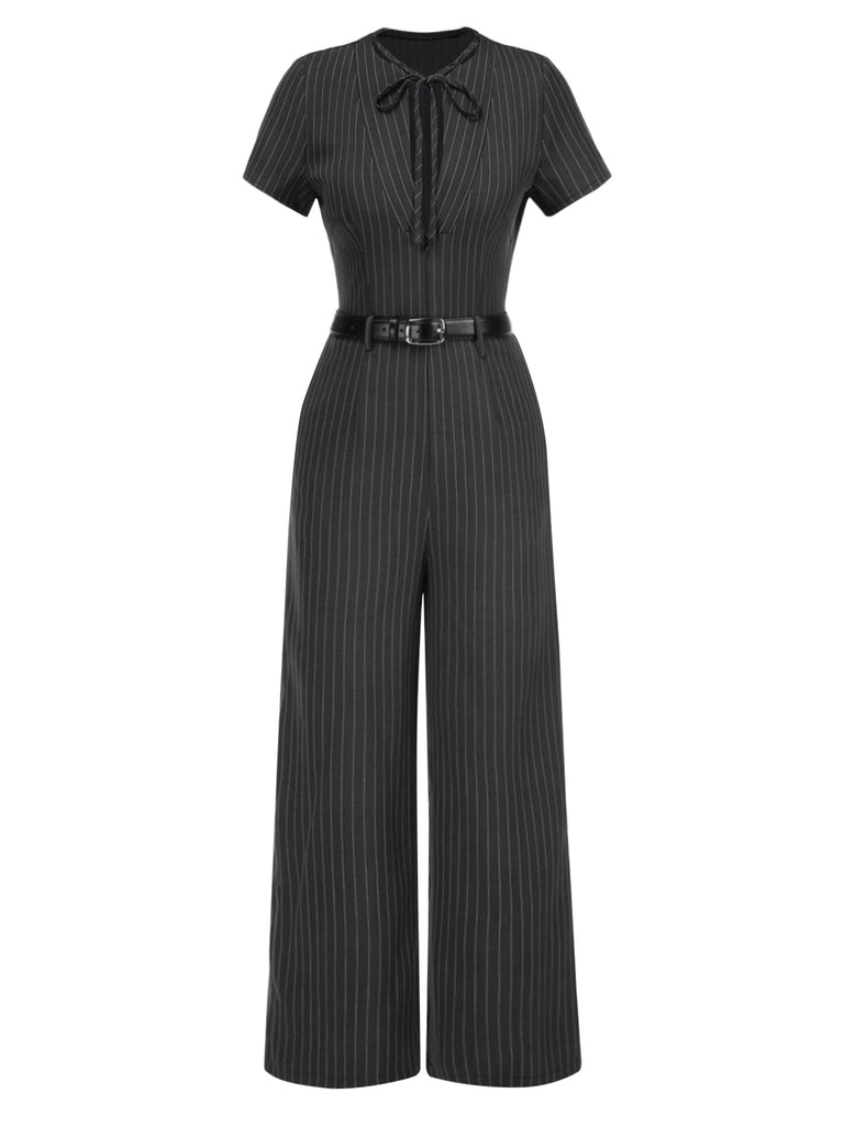 Dunkelgrau 1950er Streifen Gürtel Jumpsuit