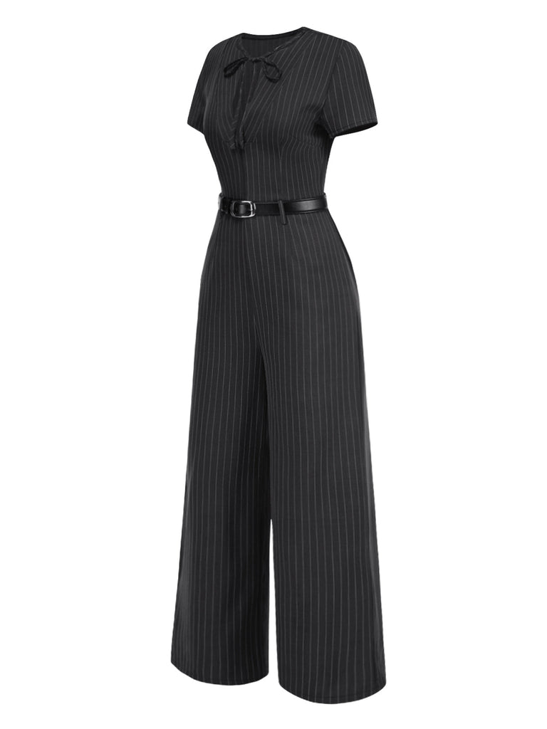 Dunkelgrau 1950er Streifen Gürtel Jumpsuit