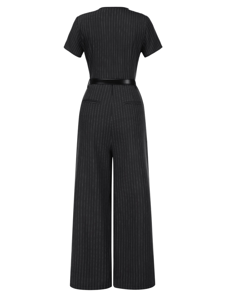 Dunkelgrau 1950er Streifen Gürtel Jumpsuit