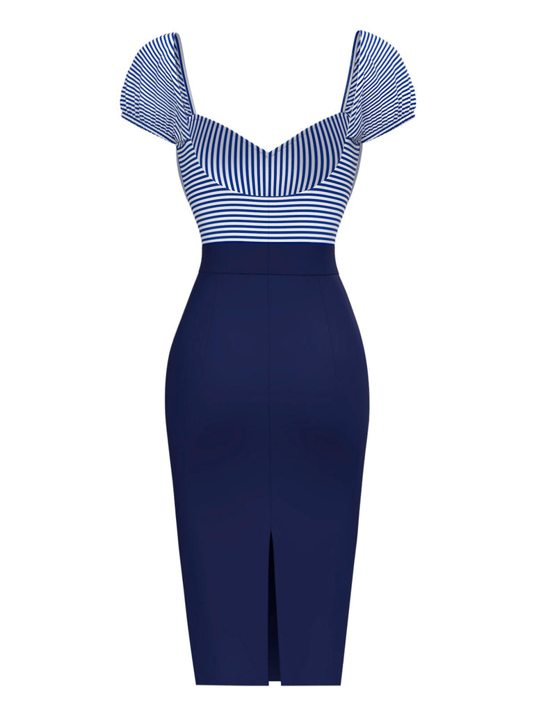 Dunkelblau 1960er Streifen Puffärmel Bleistift Kleid
