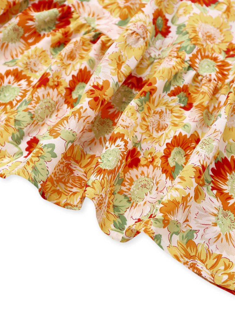 Orange 1970er Tief V-Ausschnitt Sonnenblume Boho Kleid