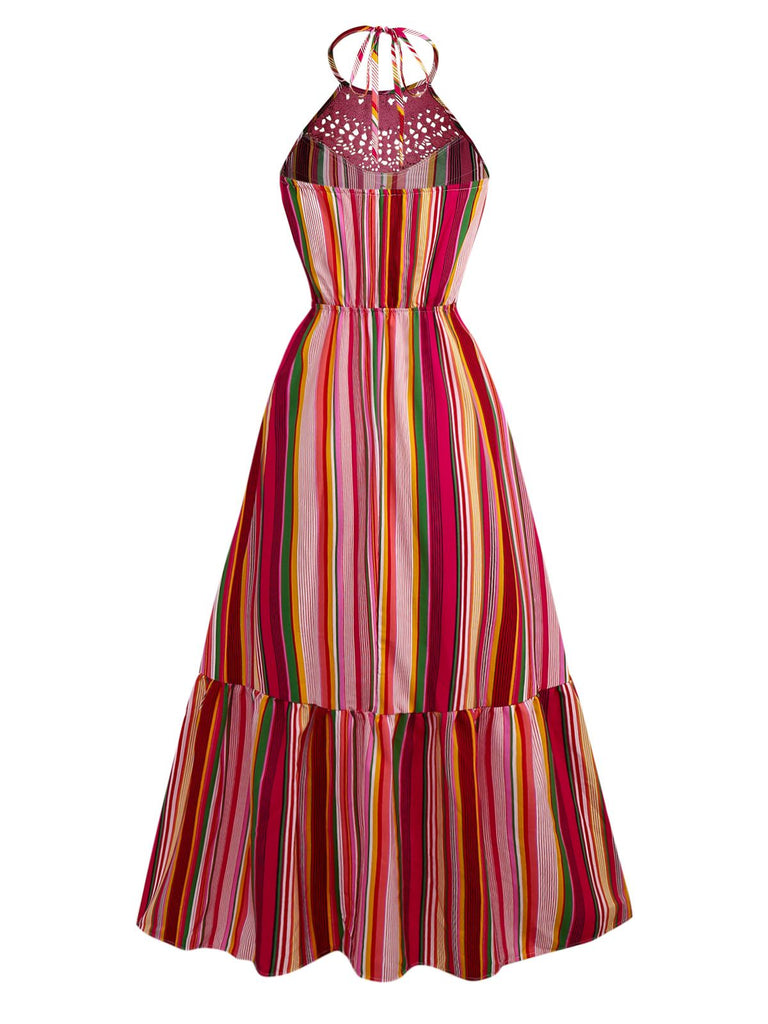 Mehrfarbig 1970er Halfter Regenbogen Streifen Patchwork Kleid