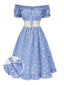 Blau 1950er Schulterfrei Plaids Gänseblümchen Schnürung Kleid
