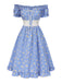 Blau 1950er Schulterfrei Plaids Gänseblümchen Schnürung Kleid