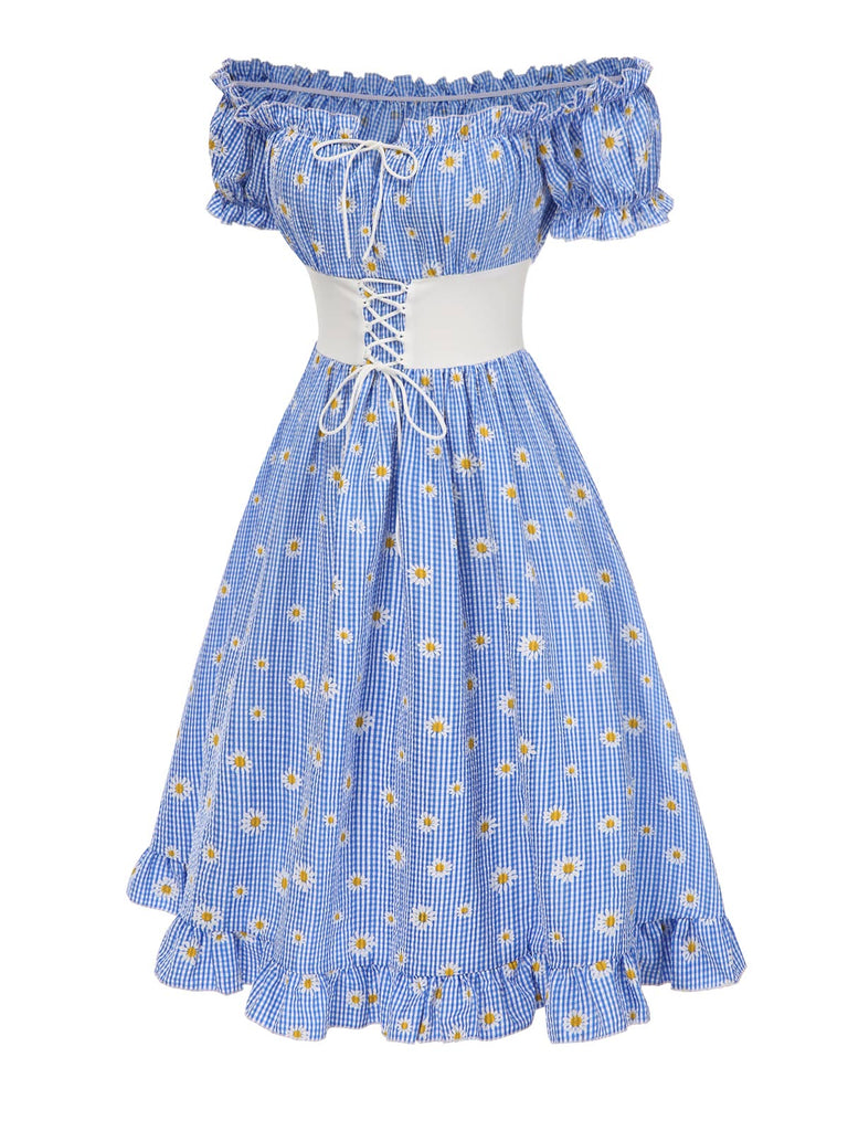 Blau 1950er Schulterfrei Plaids Gänseblümchen Schnürung Kleid