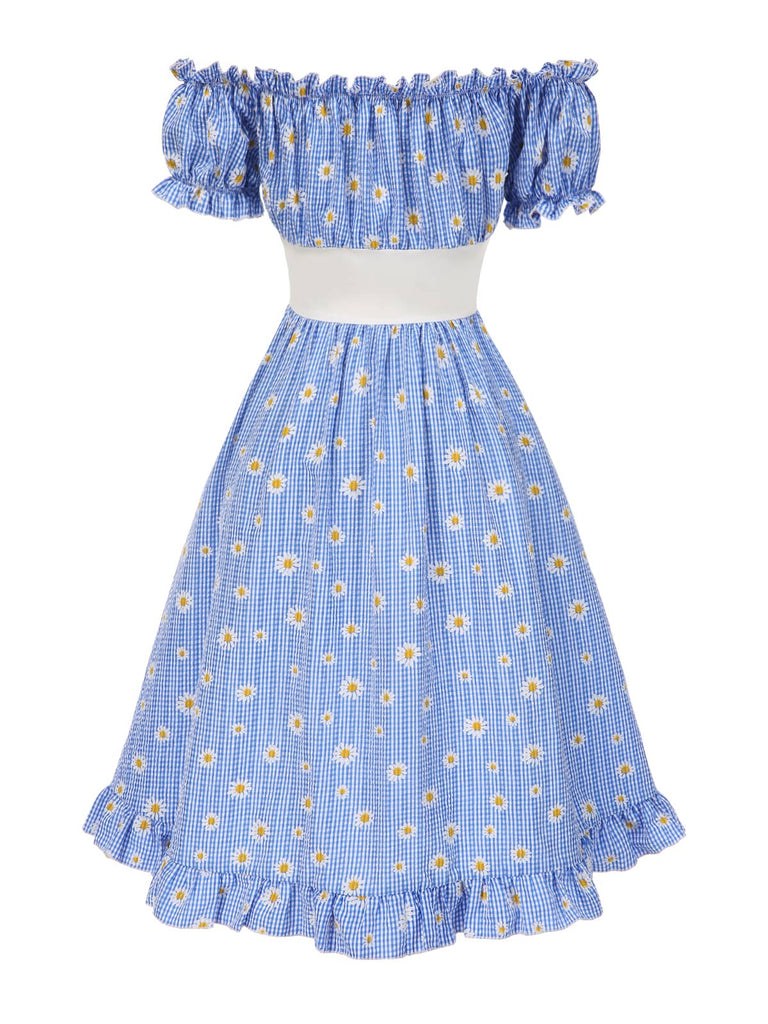 Blau 1950er Schulterfrei Plaids Gänseblümchen Schnürung Kleid