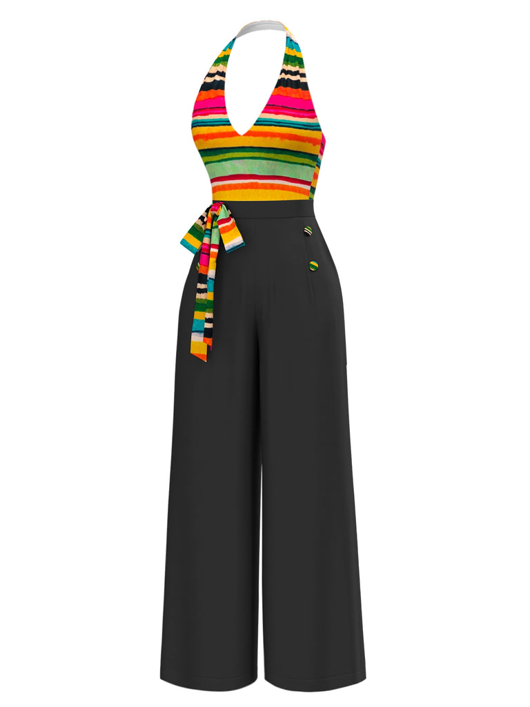 Multicolor 1970er Streifen Bogen Halter Jumpsuit