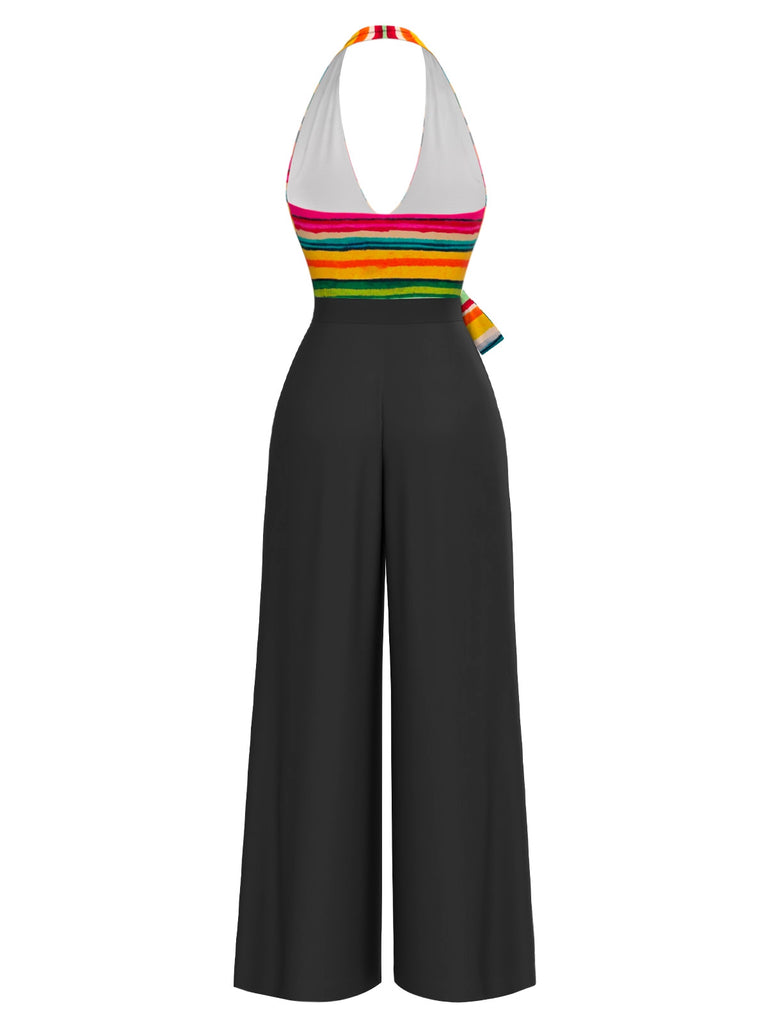 Multicolor 1970er Streifen Bogen Halter Jumpsuit