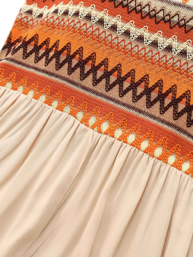 Aprikose 1970er Boho Quadratischer Hals Patchwork Romper