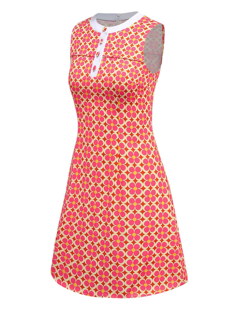 Orange 1960er Hippie Blumen Rundhals Kleid