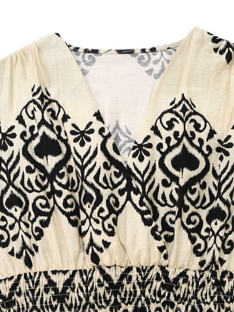 Aprikose 1970er V-Ausschnitt Pik Drucke Flügelärmel Kleid