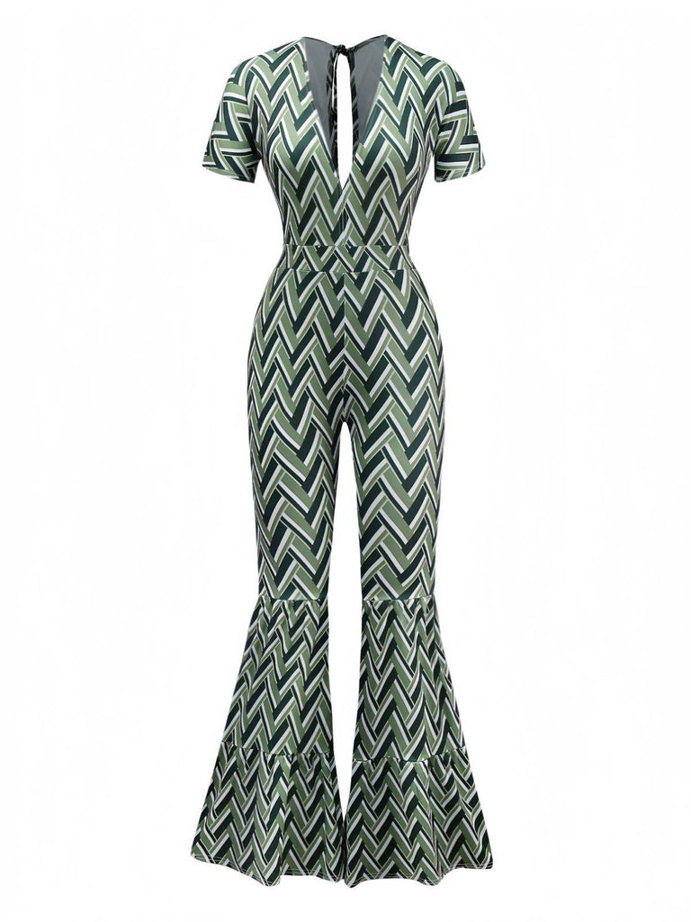 Grün 1970er Boho Tief V-Ausschnitt Ausgestelltes Bein Jumpsuit