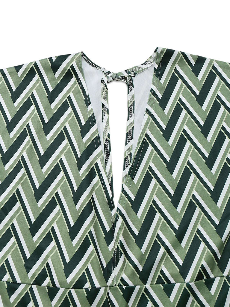 Grün 1970er Boho Tief V-Ausschnitt Ausgestelltes Bein Jumpsuit