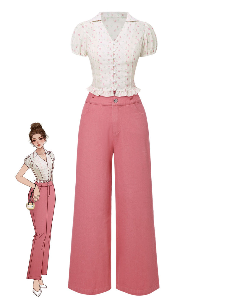 2PCS Rosa 1950er Tulip Bluse & Rose Tasten Hosen