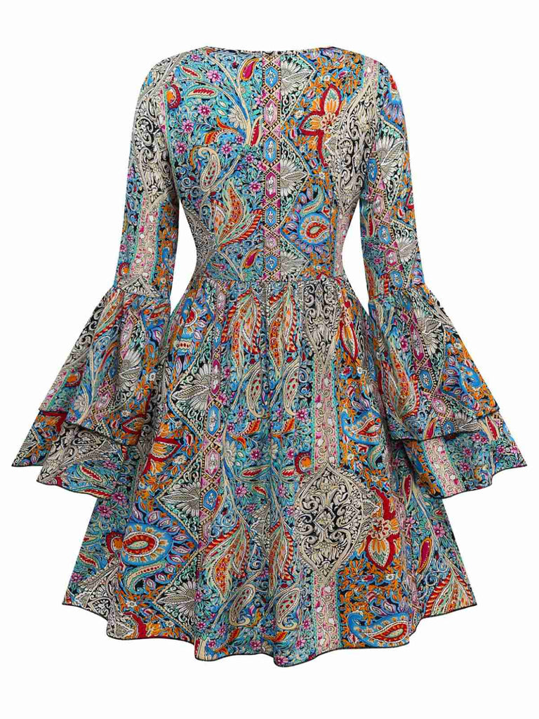 Multicolor 1970er Bohemien Paisley Blumen Glockenärmel Kleid