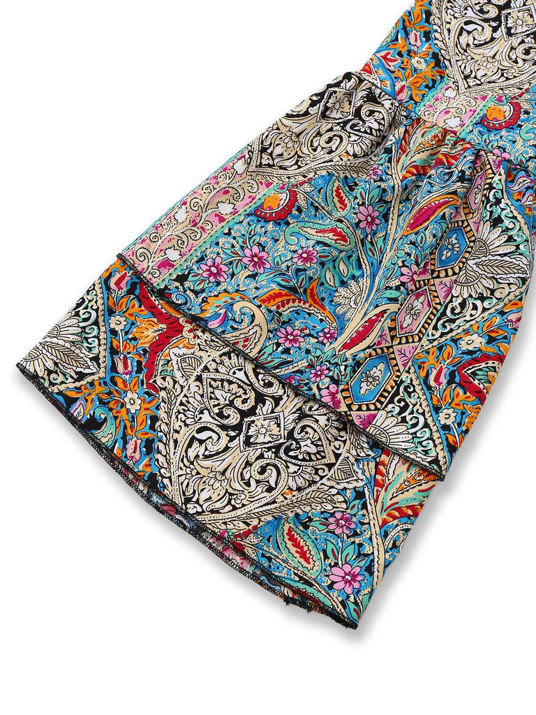 Multicolor 1970er Bohemien Paisley Blumen Glockenärmel Kleid