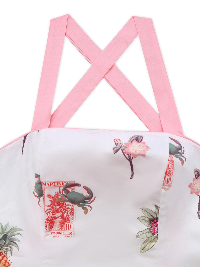 Rosa 1960er Tropisch Drucke Raffhalter Träger Kleid