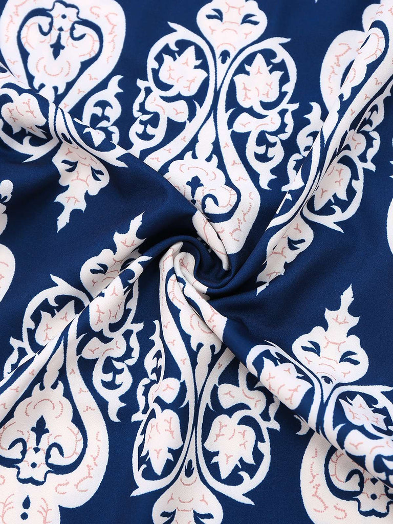 Blau 1970er Boho Ethnisch Drucken Träger Gürtel Jumpsuit