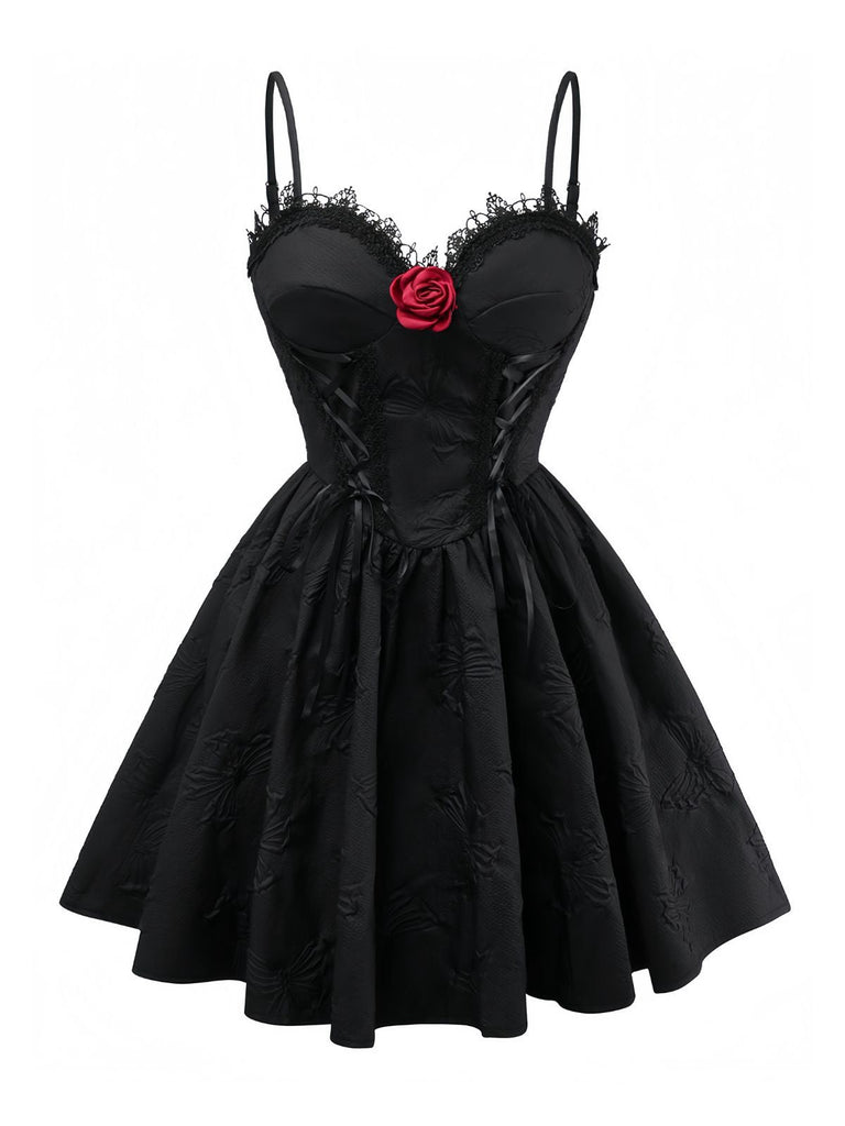 Schwarz 1960er Gothic 3D-Rose Jacquard Schnürung Kleid