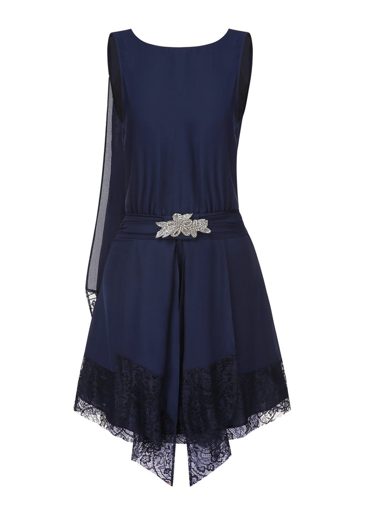 Blau 1920er Spitze Patchwork Strassstein Kleid