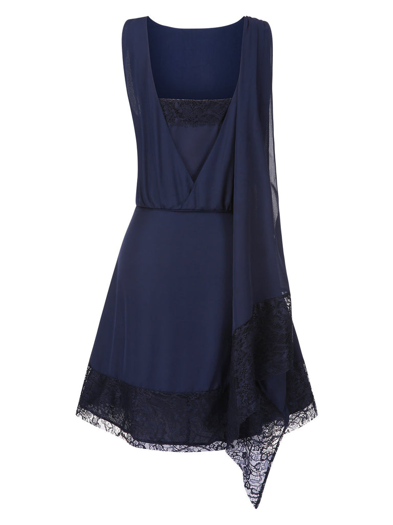 Blau 1920er Spitze Patchwork Strassstein Kleid