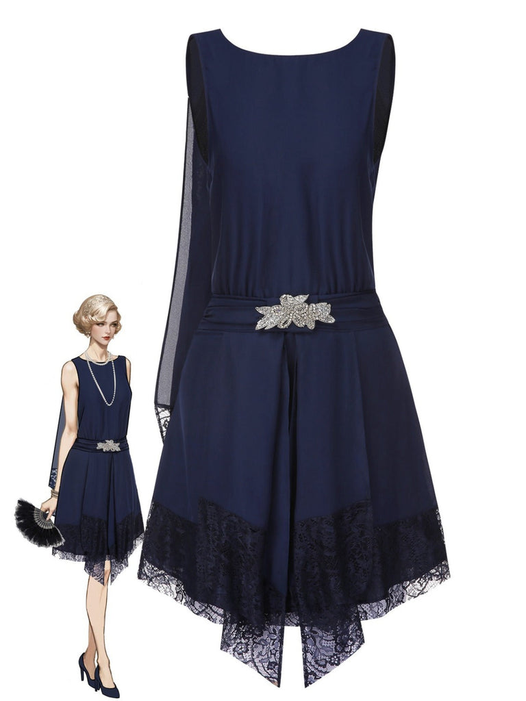 Blau 1920er Spitze Patchwork Strassstein Kleid