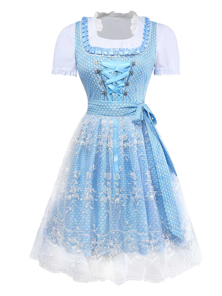 3PCS Blau 1950er Oktoberfest Dirndl Blumen Kleid & Stickerei Rose Schürze