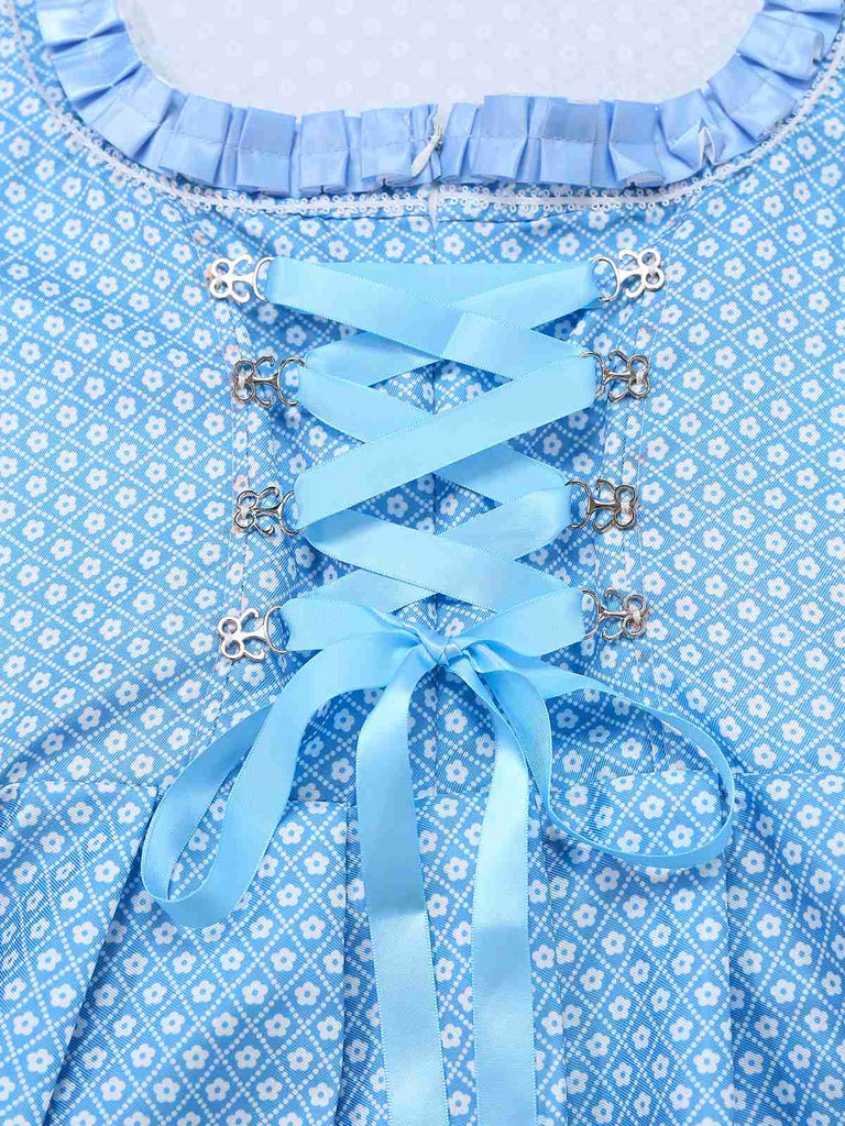 3PCS Blau 1950er Oktoberfest Dirndl Blumen Kleid & Stickerei Rose Schürze