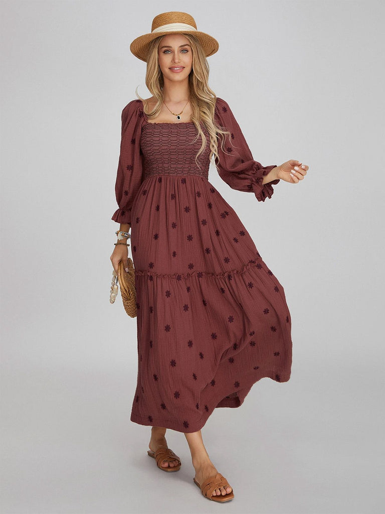 1940er Besticktes Blumen Laternenärmel Kleid