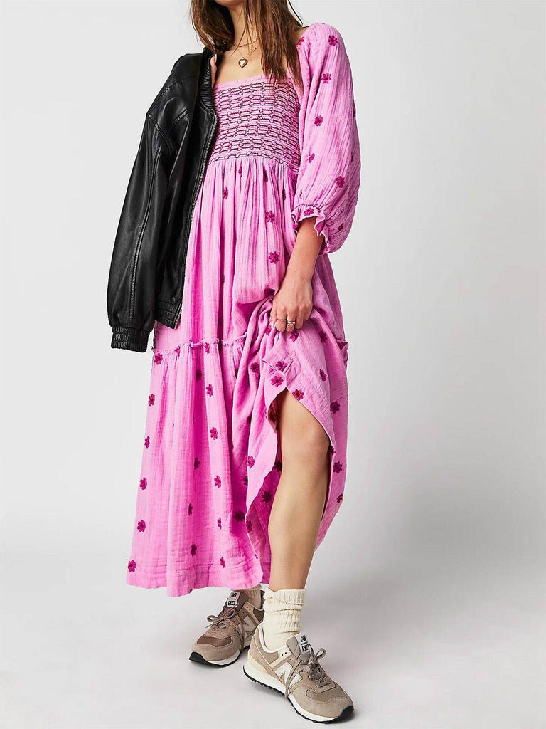 1940er Besticktes Blumen Laternenärmel Kleid