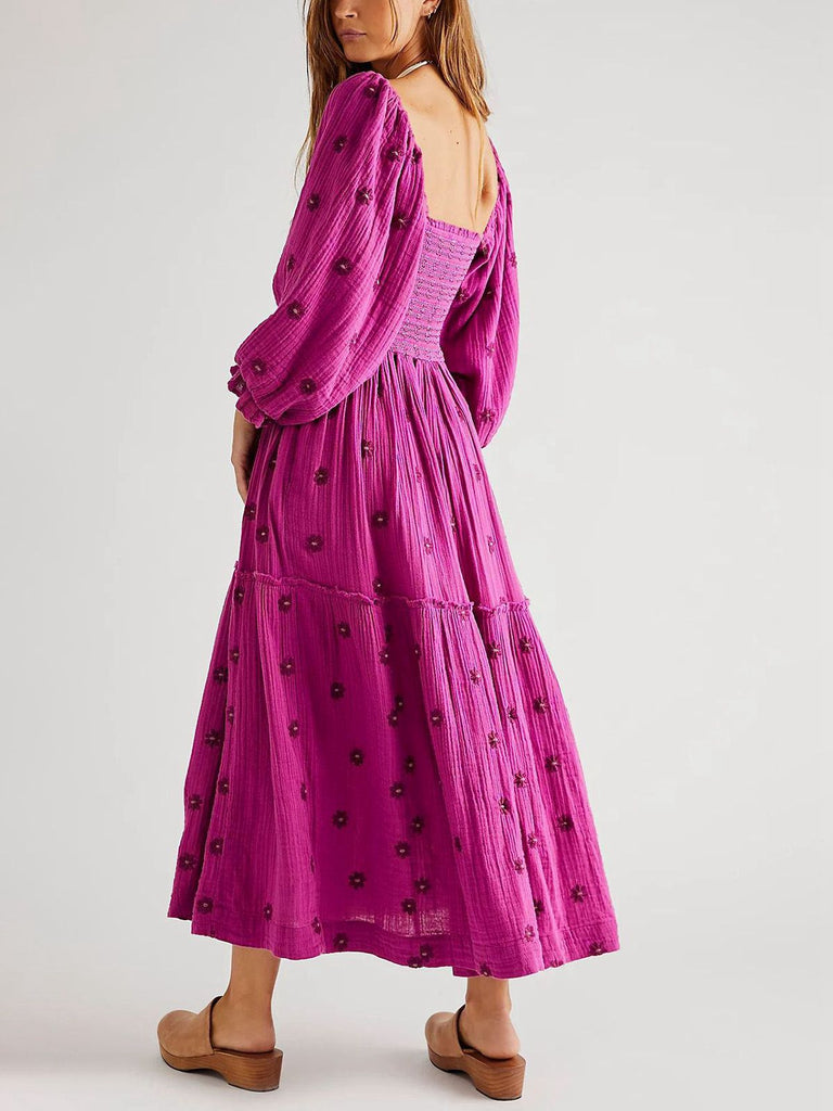 1940er Besticktes Blumen Laternenärmel Kleid