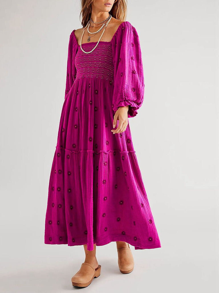 1940er Besticktes Blumen Laternenärmel Kleid