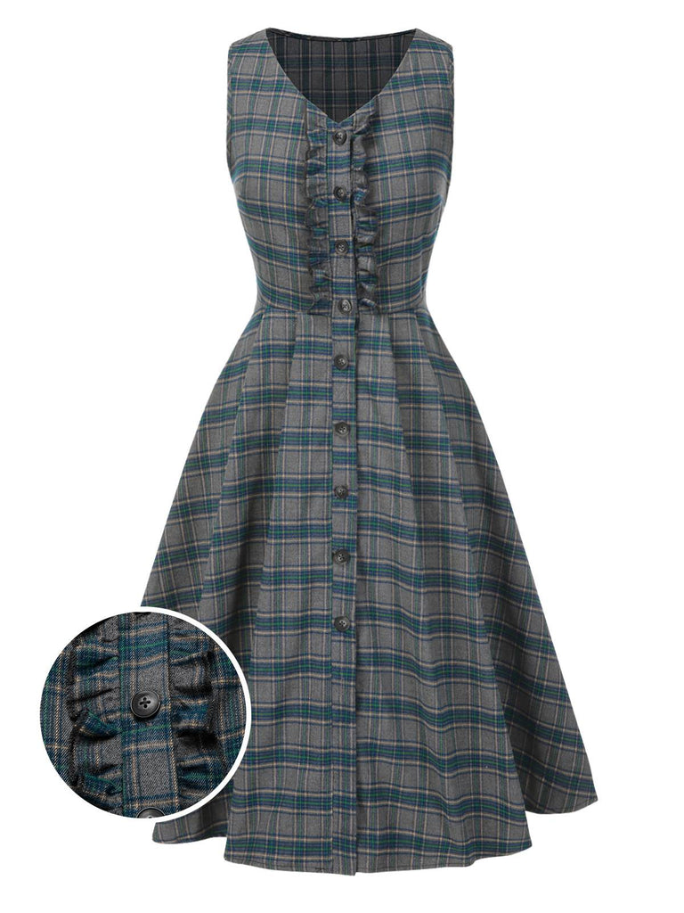 Grau 1950er Plaid V-Ausschnitt Ärmellos Rüschen Kleid