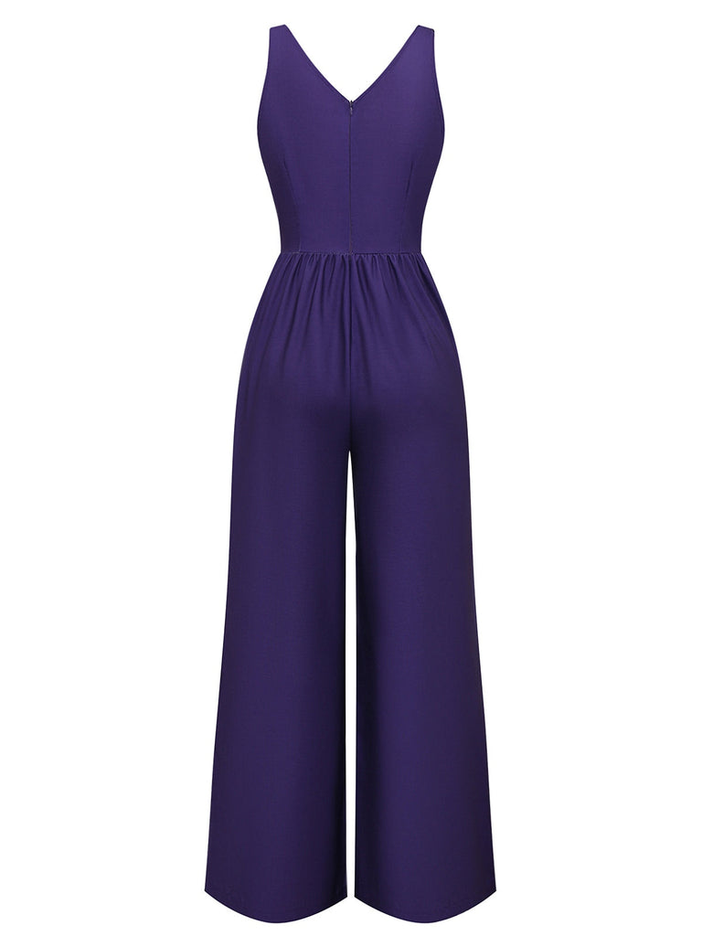 Dunkellila 1970er V-Ausschnitt Blumen Boho Jumpsuit