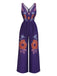 Dunkellila 1970er V-Ausschnitt Blumen Boho Jumpsuit